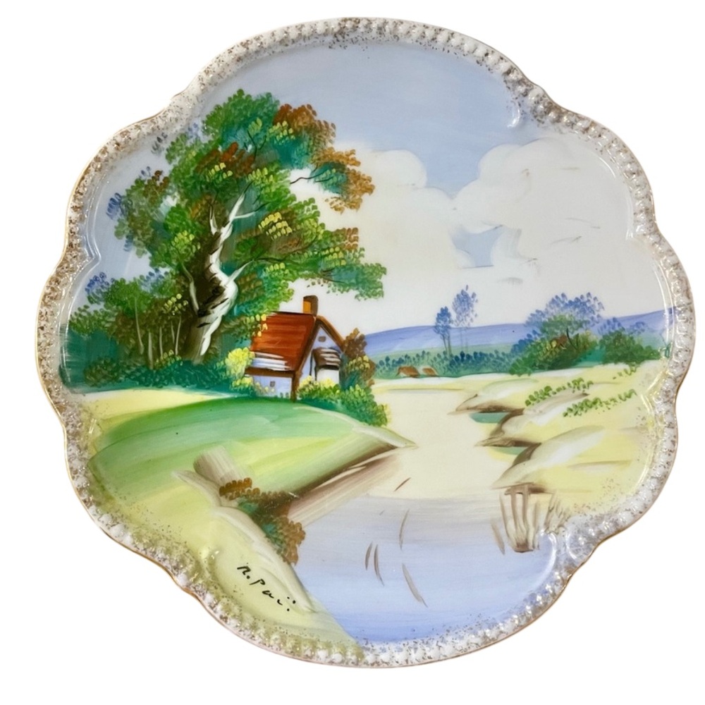 Vintage River House Hand Painted Decorative 8” Plate Artist Signed 1950’s